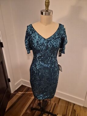Alex Evenings Teal Sequin V-Neck Cocktail Dress